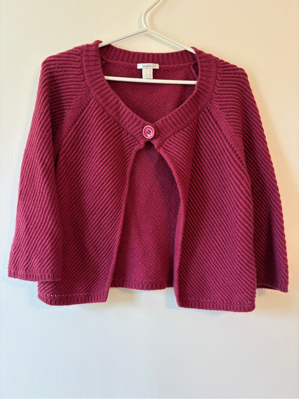 MaxMara Cropped Ribbed Cardigan Burgundy One Button Wool Size L - Picture 2 of 9